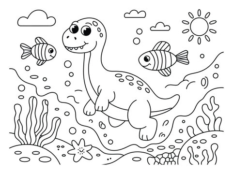 Lindo dibujo animado de un dinosaurio nadando bajo el agua para colorear