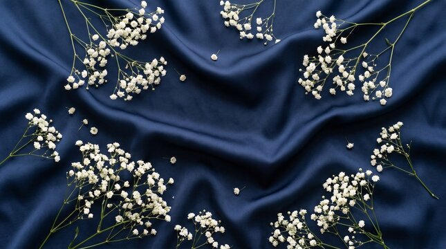 Delicate baby's breath flowers scattered gracefully across flowing midnight blue silk fabric, creating a romantic and ethereal flat lay.