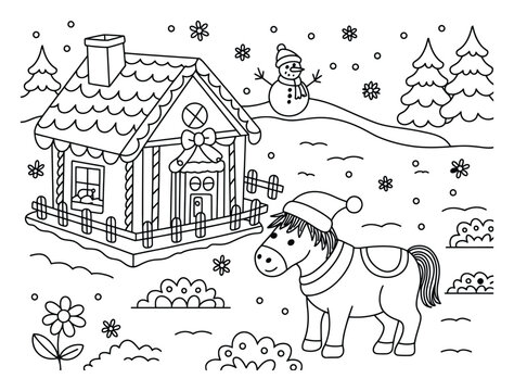 Lindo dibujo navide&ntilde;o para colorear con un poni y una caba&ntilde;a de invierno