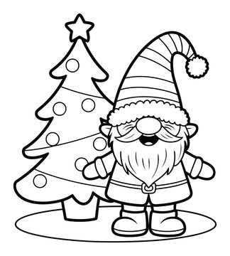 Dibujo para colorear de un lindo gnomo navide&ntilde;o junto a un &aacute;rbol de Navidad decorado