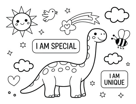 Lindo dinosaurio para colorear con frases inspiradoras para ni&ntilde;os