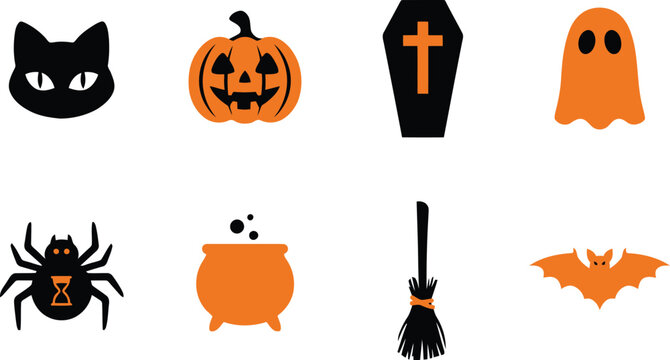 Minimalist Halloween black and orange silhouette vector icon set featuring flat shapes of cat pumpkin coffin ghost spider cauldron broom and bat isolated