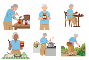 Fototapeta premium Elderly woman making homemade strawberry jam vector illustration set