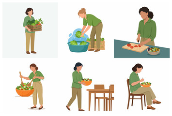 Fototapeta premium Set of vector illustrations of women preparing and eating fresh healthy salad from farm to table