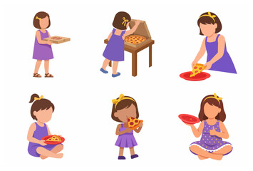 Set of vector illustrations of a little girl enjoying pizza in different poses