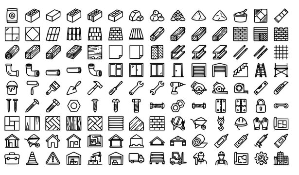 Construction Materials Thin Line Icons Set with Building Tools Cement Timber Roofing and Hardware Editable Stroke Vector Collection