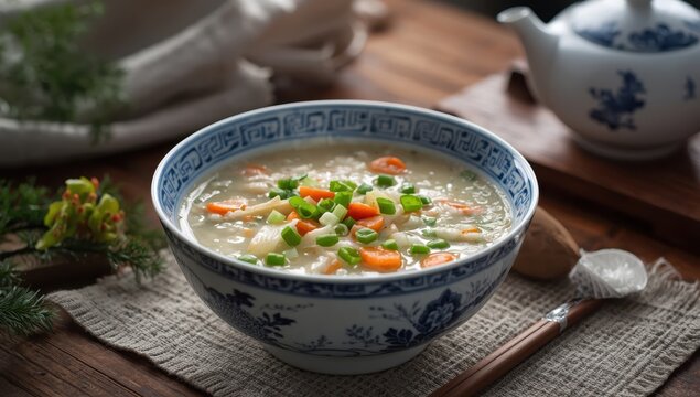 vegetable congee in a blue and white bowl