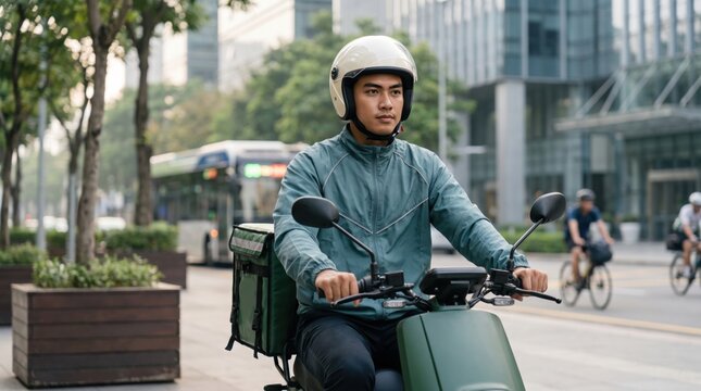 Focused Asian courier rides a muted green electric scooter with insulated cargo bag along a tree-lined business boulevard, linking clean last-mile logistics with active urban transit in daylight