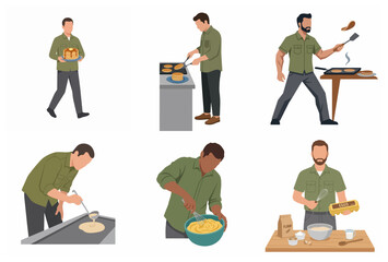 Fototapeta premium Set of flat vector illustrations of a man cooking and preparing pancakes for breakfast, whisking batter and flipping pancakes on a griddle.
