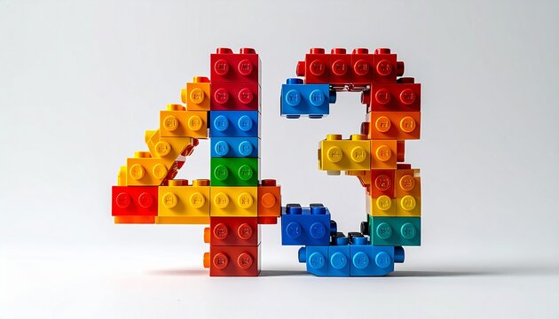 Number forty-three constructed from vibrant colorful plastic building blocks isolated on a clean white studio background