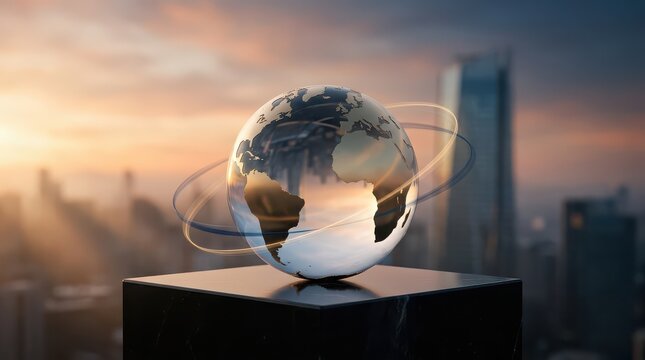 Reflective Globe with Orbiting Rings on a Pedestal with City Skyline Background earth metallic