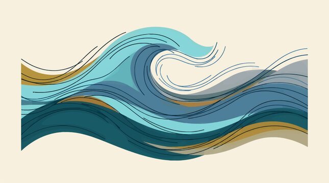 Abstract Ocean Waves Vector Illustration in Shades of Teal, Blue, and Gold with Thin Black Lines, Minimalist Graphic Design