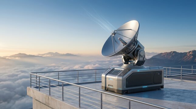 Advanced satellite dish antenna on a rooftop above clouds with mountains communication technology