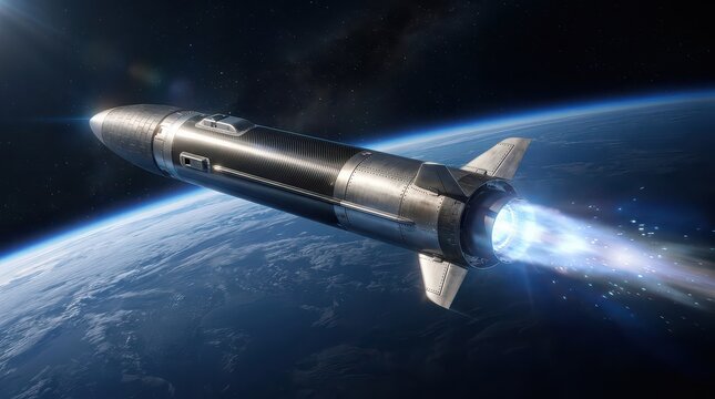 Rocket engine firing as it flies above Earth in outer space propulsion exhaust