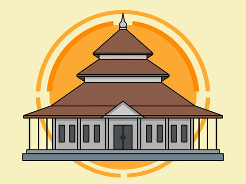Traditional Indonesian Mosque Illustration with Tiered Roof and Stylized Sun Background