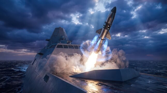 Missile launch from a futuristic warship at sea with dramatic clouds and ocean waves military