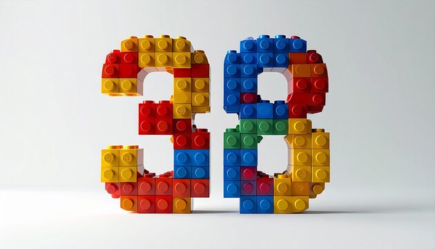 Realistic number thirty eight constructed from multicolored plastic building bricks isolated on white background
