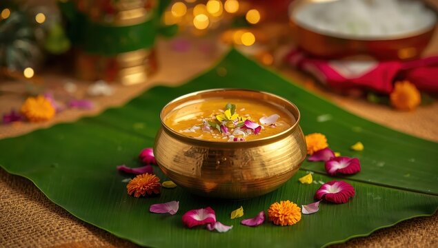 Vermicelli soup served in a golden bowl with a banana leaf.