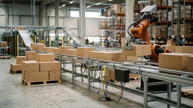 Failed supply chain AI integration with stopped conveyor, disconnected sensor cables, paused robotic arm, and boxed goods in a quiet fulfillment bay.