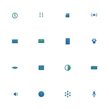 Accessibility icon set - 16 blue and green duotone vector icons. Wheelchair, braille, sign language, hearing, captions, screen reader, low vision and more symmetric flat inclusive icons, isolated.