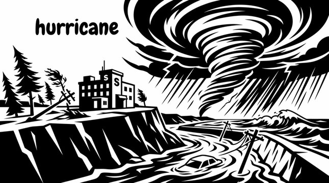 hurricane disaster elements featuring cyclone clouds storm surges powerful winds rain bands flooded streets emergency shelters evacuation routes vector for disaster preparedness meteorology