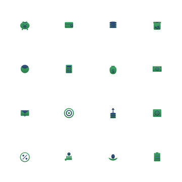 Personal budgeting icon set - 16 green and navy duotone vector icons. Piggy bank, wallet, coins, savings jar, budget chart, calculator, money bag and more symmetric flat finance icons, isolated.