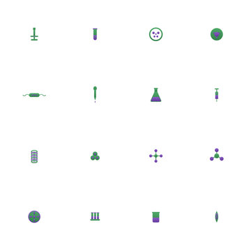 Biotech laboratory icon set - 16 green and purple duotone vector icons. Microscope, test tube, petri dish, cell, pipette, flask, syringe, centrifuge and more symmetric flat science icons, isolated.