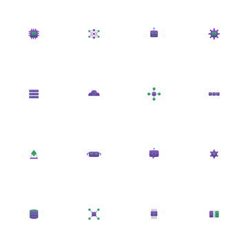 AI and future technology icon set - 16 violet and green duotone vector icons. AI chip, neural network, robot, machine learning, data center, cloud, blockchain and more symmetric flat tech icons.