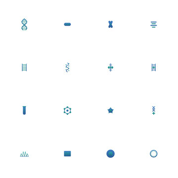Genomics and DNA icon set - 16 blue and teal duotone vector icons. DNA helix, gene, chromosome, sequencing, base pairs, gene editing, mutation and more symmetric flat genetics icons, isolated.