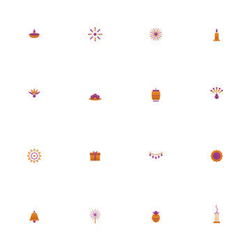 Diwali icon set - 16 saffron and magenta duotone vector icons. Diya lamp, rangoli, firework, lotus, sweets, lantern, peacock, mandala and more symmetric flat festival of lights icons, isolated.