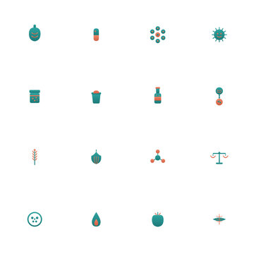 Gut health icon set - 16 teal and coral duotone vector icons. Stomach, probiotic, microbiome, fermented food, gut-brain axis, fiber, enzyme and more symmetric flat digestive wellness icons, isolated.