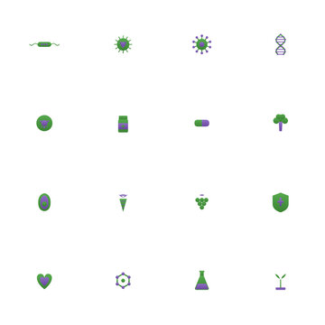 Microbiome and nutrition icon set - 16 green and purple duotone vector icons. Bacteria, microbe, DNA, cell, supplement, vitamin, broccoli, avocado and more symmetric flat healthy diet icons, isolated.
