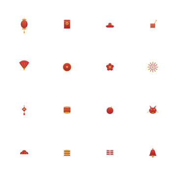 Lunar New Year icon set - 16 red and gold duotone vector icons. Lantern, red envelope, gold ingot, firecrackers, fan, coin, plum blossom, dragon and more symmetric flat Chinese New Year icons.