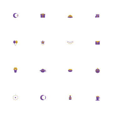 Eid Mubarak icon set - 16 purple and gold duotone vector icons. Crescent and star, gift, sweets, henna, balloons, lantern, greeting card and more symmetric flat Eid celebration icons, isolated.