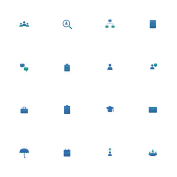 HR and recruitment icon set - 16 blue and teal duotone vector icons. Team, recruitment, org chart, resume, interview, onboarding, hiring, payroll and more symmetric flat human resources icons.