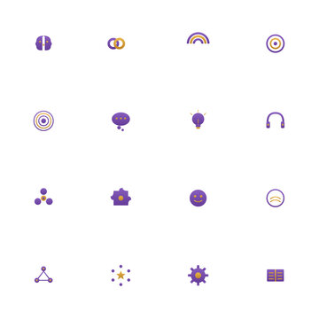 Neurodiversity icon set - 16 purple and amber duotone vector icons. Brain, infinity, spectrum, sensory, focus, puzzle, emotions, connection and more symmetric flat inclusion icons, isolated.