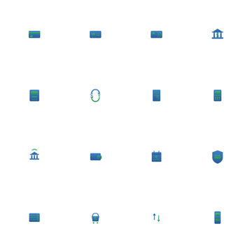 Payment and fintech icon set - 16 blue and green duotone vector icons. Credit card, chip card, contactless, bank transfer, ATM, POS terminal, online banking and more symmetric flat finance icons.