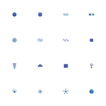 Quantum computing icon set - 16 indigo and cyan duotone vector icons. Qubit, quantum processor, superposition, entanglement, atom, quantum circuit, gate and more symmetric flat physics icons.