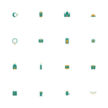 Ramadan icon set - 16 green and gold duotone vector icons. Crescent and star, lantern, mosque, dates, prayer beads, dome, minaret and more symmetric flat Islamic holy month icons, isolated.