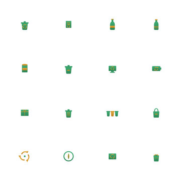 Recycling icon set - 16 green and amber duotone vector icons. Recycle bin, paper, glass, plastic, metal, compost, e-waste, battery and more symmetric flat waste sorting icons, isolated.