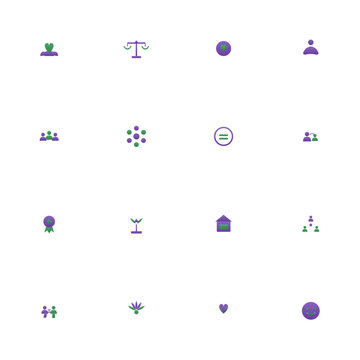 Wellbeing and diversity icon set - 16 purple and green duotone vector icons. Wellbeing, work-life balance, mental health, diversity, inclusion, equity, mentorship and more symmetric flat DEI icons.