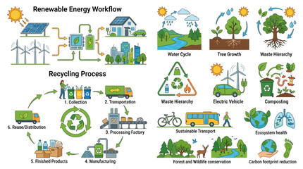 Fototapeta premium Sustainability Infographic Showing Renewable Energy Workflow and Recycling Process for Environmental Conservation Education