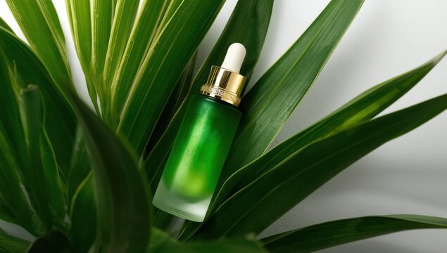 Vial on unusual green plant against white backdrop