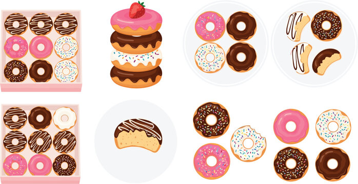 Sweet donuts vector illustration set with chocolate pink strawberry glazed sprinkles boxes stacks and half bitten pieces.