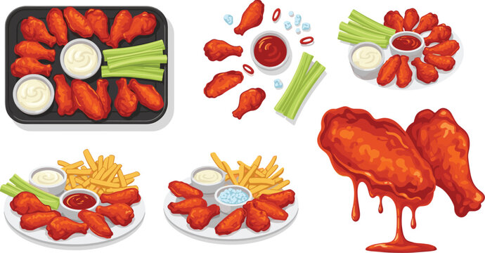 Buffalo chicken wings vector illustration set with hot spicy drumettes french fries celery sticks and dipping sauces.