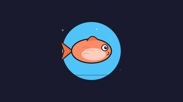 Footage of a cute cartoon goldfish character swimming in a blue water bubble isolated on black background