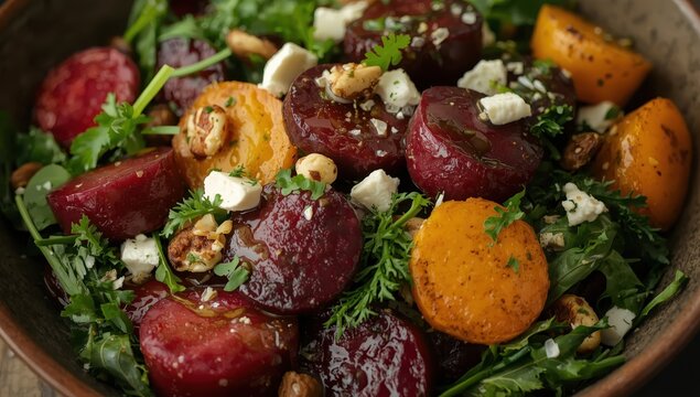 Vibrant roasted beet salad with garlic and herbs.
