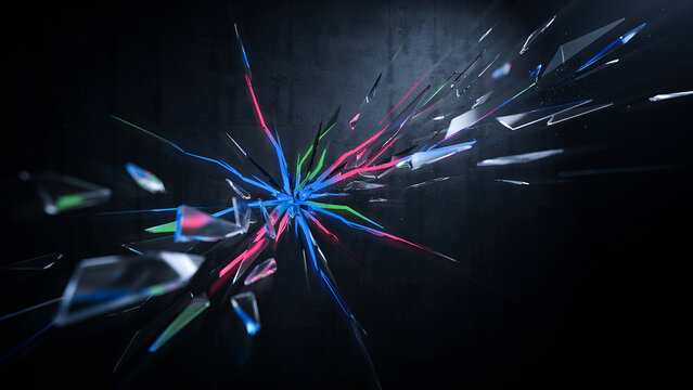 Abstract shards of glass exploding with color on a dark background