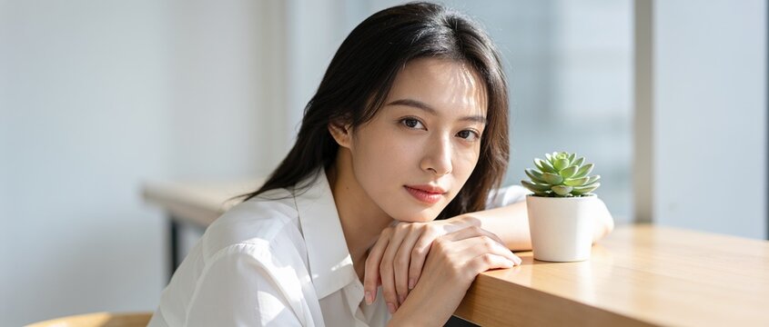 Young elegant lady sitting at desk near bright window perfect for aesthetic lifestyle concept and modern portrait purpose