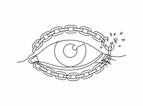 A minimalist black and white line art illustration depicts a broken chain wrapped around an eye, symbolizing freedom and breaking free from limitations on a white background.